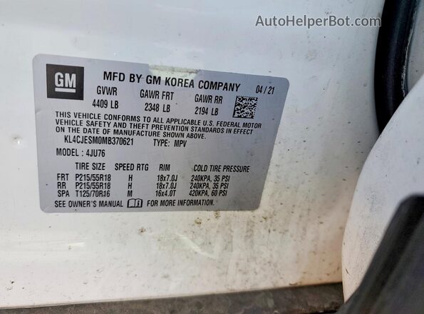 KL4CJESM0MB370621 2021 BUICK ENCORE White VIN კოდის სტიკერის ხედი