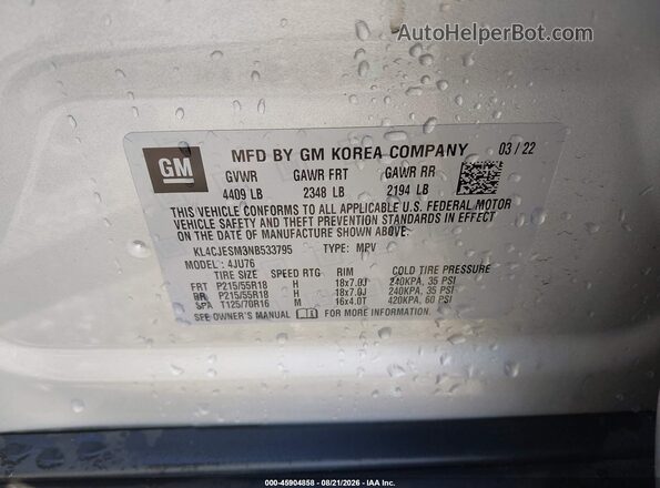 KL4CJESM3NB533795 2022 BUICK ENCORE Silver Вид підкапотного простору