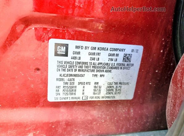 KL4CJESM4NB554347 2022 BUICK ENCORE Red Widok naklejki z numerem VIN