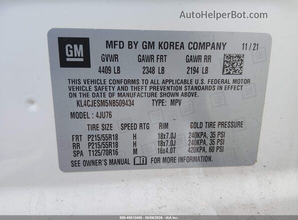 KL4CJESM5NB509434 2022 BUICK ENCORE White Engine compartment view