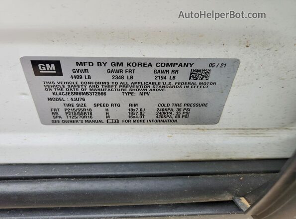KL4CJESM6MB372566 2021 BUICK ENCORE White Vista de la etiqueta del VIN