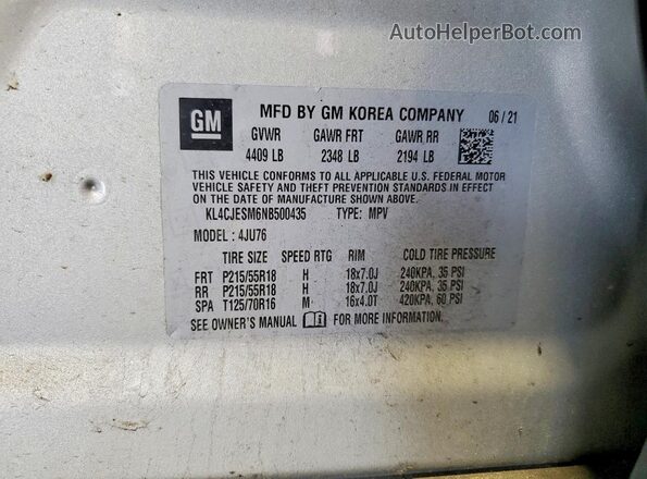 KL4CJESM6NB500435 2022 BUICK ENCORE Серебряный Вид наклейки с VIN-кодом