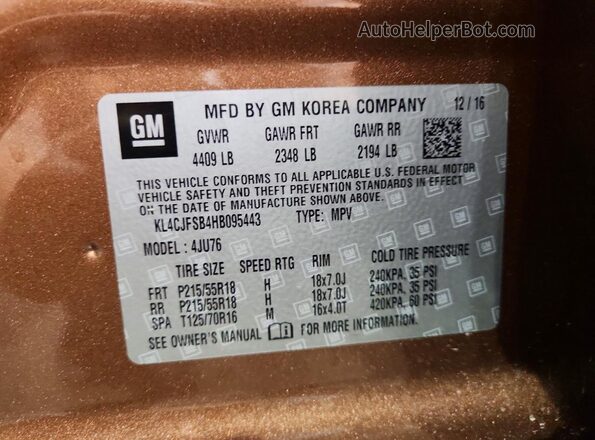 KL4CJFSB4HB095443 2017 BUICK ENCORE Золотой Вид наклейки с VIN-кодом