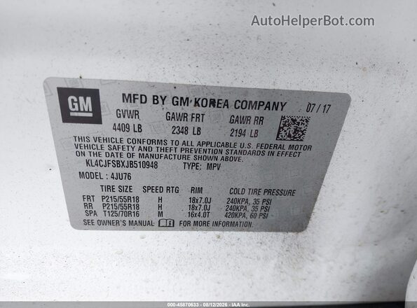 KL4CJFSBXJB510948 2018 BUICK ENCORE White ძრავის განყოფილების ხედი