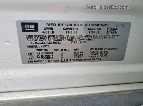 KL4CJGSB0LB060252 2020 BUICK ENCORE White Widok wnętrza 360 stopni