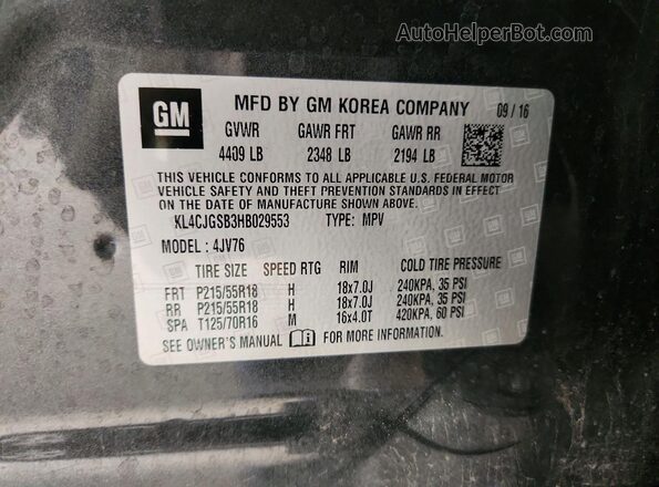 KL4CJGSB3HB029553 2017 BUICK ENCORE Gray Вид наклейки з VIN-кодом