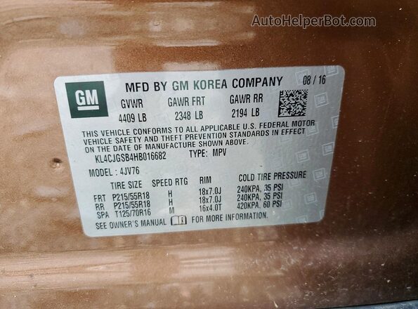 KL4CJGSB4HB016682 2017 BUICK ENCORE Коричневый Вид наклейки с VIN-кодом