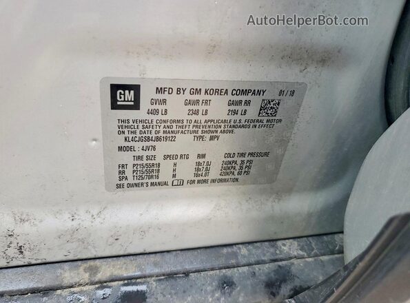KL4CJGSB4JB619122 2018 BUICK ENCORE Серебряный Вид наклейки с VIN-кодом
