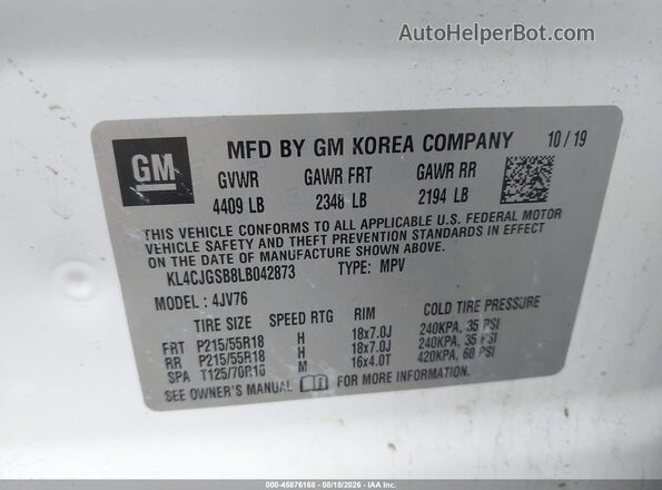 KL4CJGSB8LB042873 2020 BUICK ENCORE White Widok komory silnika