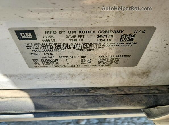 KL4CJGSB8LB059172 2020 BUICK ENCORE White VIN կոդի պիտակի տեսք