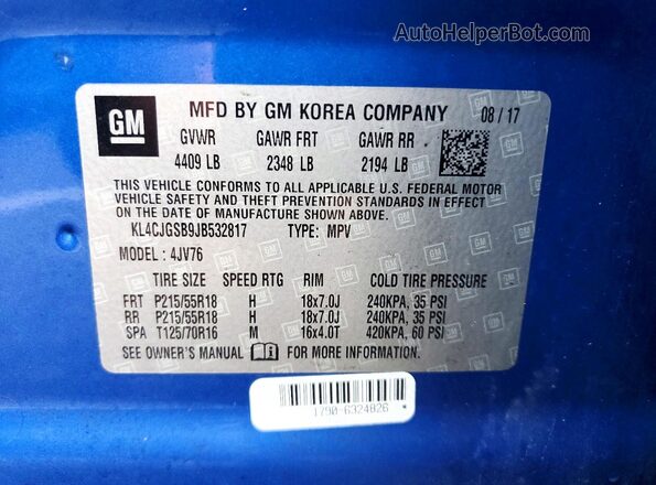 KL4CJGSB9JB532817 2018 BUICK ENCORE Blue VIN კოდის სტიკერის ხედი