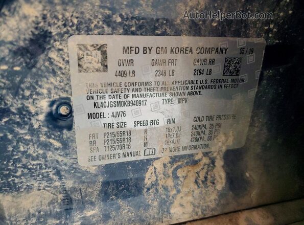 KL4CJGSM0KB940917 2019 BUICK ENCORE Blue Widok naklejki z numerem VIN