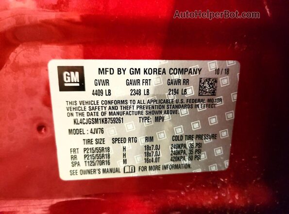 KL4CJGSM1KB759261 2019 BUICK ENCORE Maroon VIN კოდის სტიკერის ხედი