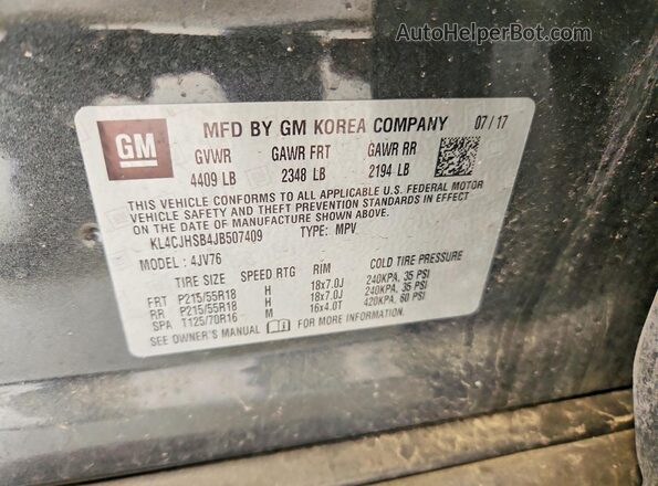 KL4CJHSB4JB507409 2018 BUICK ENCORE Black VIN კოდის სტიკერის ხედი