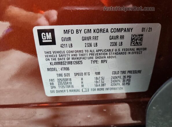 KL4MMBS21MB126825 2021 BUICK ENCORE Orange Widok naklejki z numerem VIN