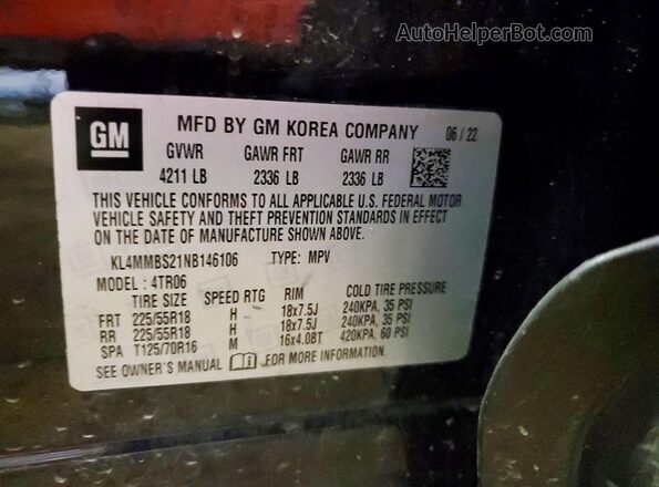 KL4MMBS21NB146106 2022 BUICK ENCORE Black VIN კოდის სტიკერის ხედი