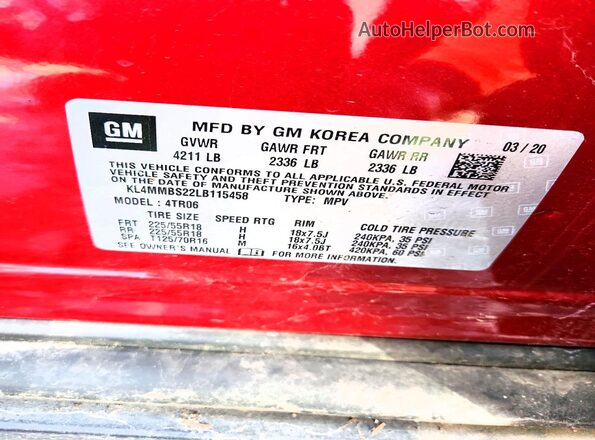 KL4MMBS22LB115458 2020 BUICK ENCORE Red VIN კოდის სტიკერის ხედი