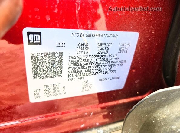 KL4MMBS22PB105583 2023 BUICK ENCORE Burgundy Вид наклейки з VIN-кодом