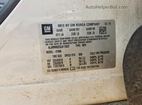 KL4MMBS23LB113637 2020 BUICK ENCORE White VIN կոդի պիտակի տեսք