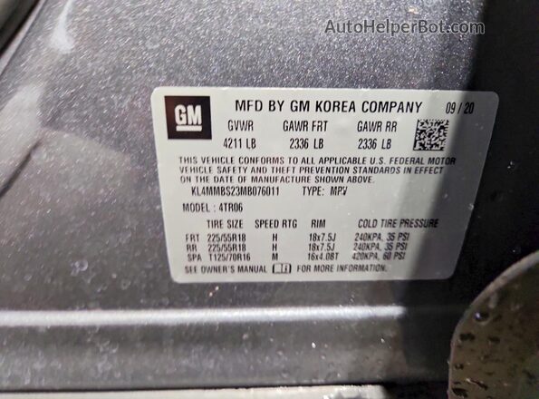 KL4MMBS23MB076011 2021 BUICK ENCORE Серый Вид наклейки с VIN-кодом