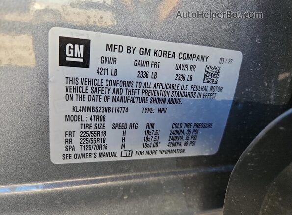 KL4MMBS23NB114774 2022 BUICK ENCORE Gray Вид наклейки з VIN-кодом