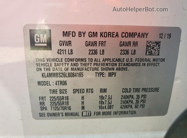 KL4MMBS26LB084165 2020 BUICK ENCORE White VIN sticker view