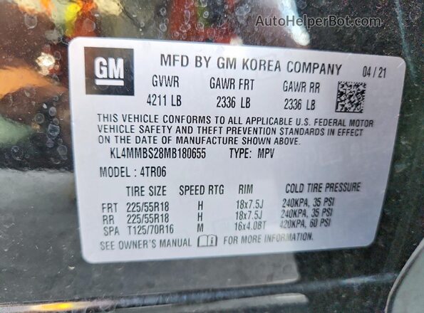 KL4MMBS28MB180655 2021 BUICK ENCORE Black Vista de la etiqueta del VIN