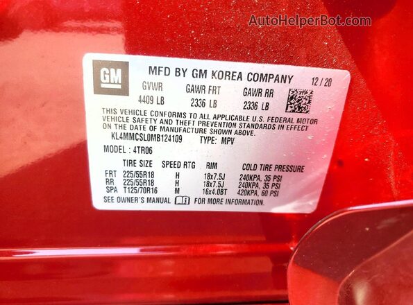 KL4MMCSL0MB124109 2021 BUICK ENCORE Red Vista de la etiqueta del VIN