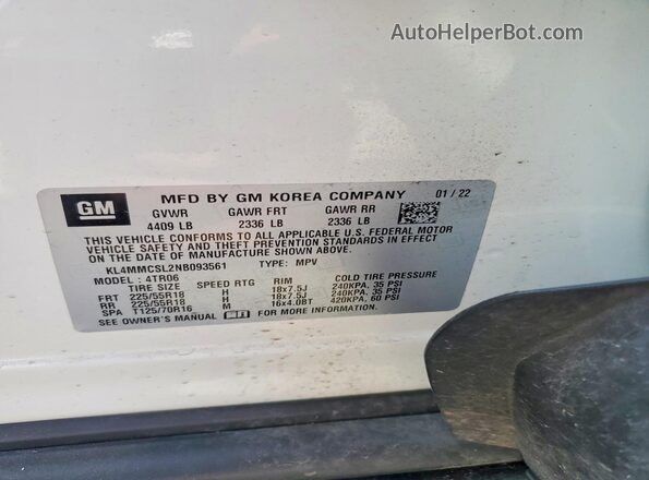 KL4MMCSL2NB093561 2022 BUICK ENCORE White Widok naklejki z numerem VIN