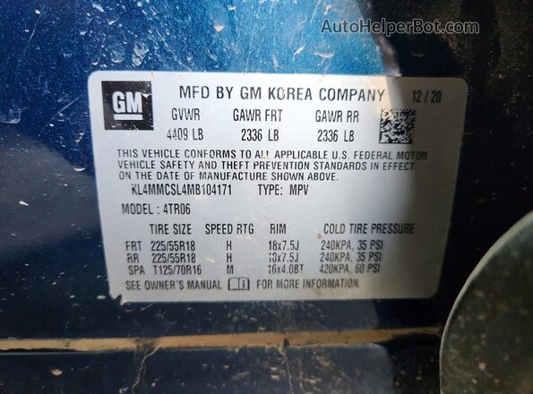 KL4MMCSL4MB104171 2021 BUICK ENCORE Blue VIN կոդի պիտակի տեսք