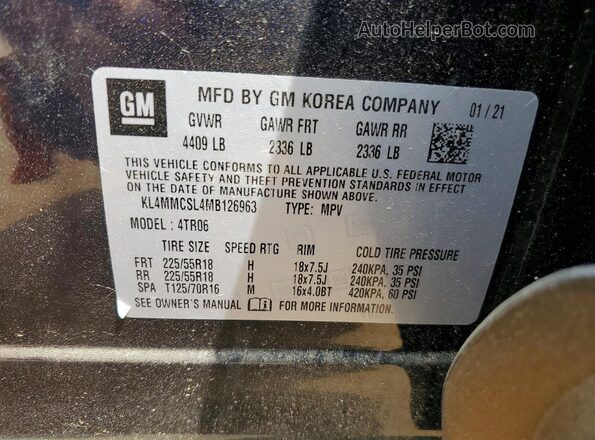 KL4MMCSL4MB126963 2021 BUICK ENCORE Синий Вид наклейки с VIN-кодом