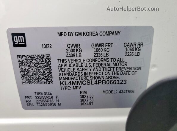 KL4MMCSL4PB066123 2023 BUICK ENCORE White VIN კოდის სტიკერის ხედი
