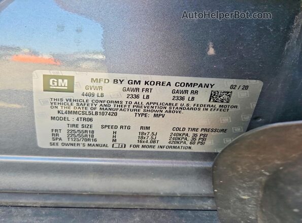 KL4MMCSL5LB107420 2020 BUICK ENCORE Gray VIN կոդի պիտակի տեսք