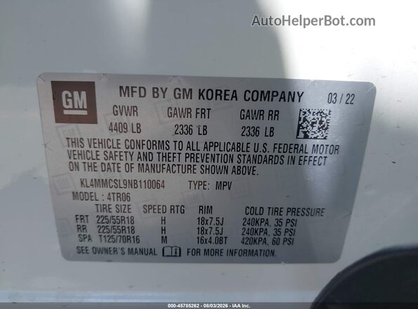 KL4MMCSL9NB110064 2022 BUICK ENCORE White Շարժիչի բաժամունքի տեսք
