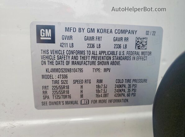 KL4MMDS20NB104795 2022 BUICK ENCORE Белый Вид наклейки с VIN-кодом