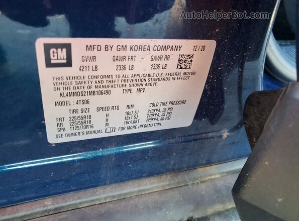 KL4MMDS21MB106490 2021 BUICK ENCORE Blue VIN կոդի պիտակի տեսք