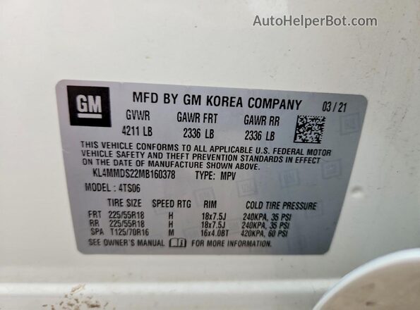 KL4MMDS22MB160378 2021 BUICK ENCORE White VIN կոդի պիտակի տեսք