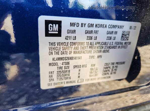 KL4MMDS26NB141141 2022 BUICK ENCORE Blue Vista interior de 360 grados