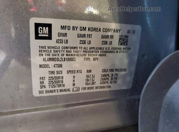 KL4MMDSL2LB109003 2020 BUICK ENCORE Gray Вид наклейки з VIN-кодом