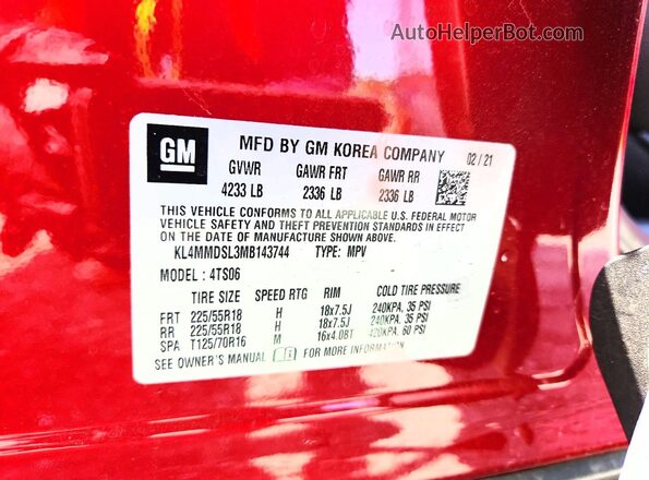 KL4MMDSL3MB143744 2021 BUICK ENCORE Red Вид наклейки з VIN-кодом