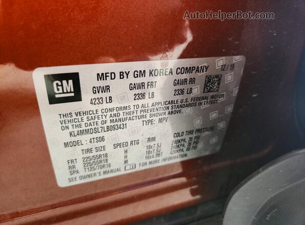 KL4MMDSL7LB093431 2020 BUICK ENCORE Orange Widok naklejki z numerem VIN