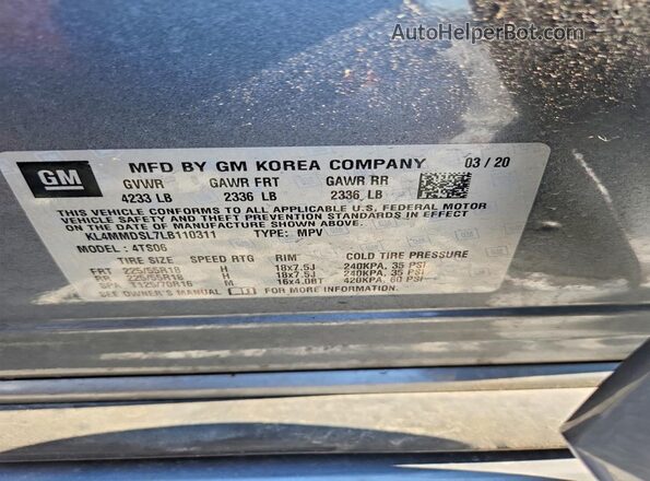 KL4MMDSL7LB110311 2020 BUICK ENCORE Gray Widok naklejki z numerem VIN