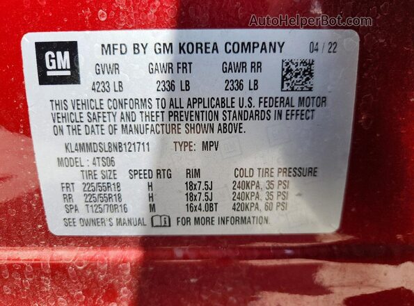 KL4MMDSL8NB121711 2022 BUICK ENCORE Red Widok wnętrza 360 stopni