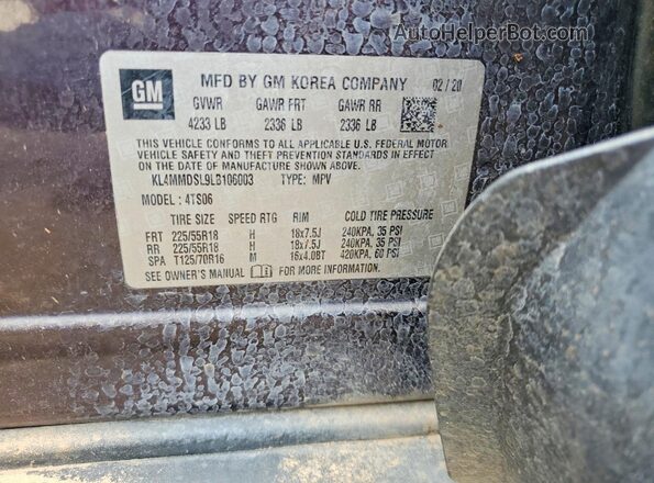 KL4MMDSL9LB106003 2020 BUICK ENCORE Purple VIN კოდის სტიკერის ხედი