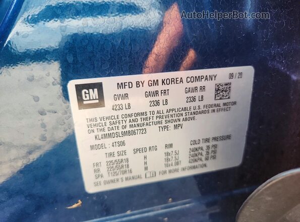 KL4MMDSL9MB067723 2021 BUICK ENCORE Blue Вид наклейки з VIN-кодом