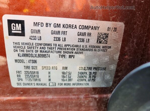 KL4MMDSLXLB098574 2020 BUICK ENCORE Orange ძრავის განყოფილების ხედი