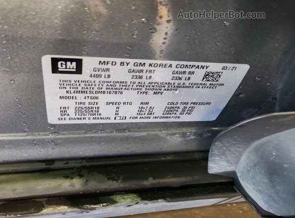 KL4MMESL0MB167876 2021 BUICK ENCORE Silver Вид наклейки з VIN-кодом