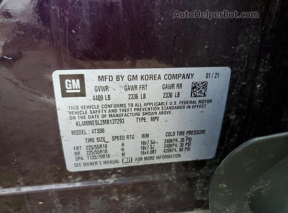 KL4MMESL2MB137293 2021 BUICK ENCORE Burgundy Vista de la etiqueta del VIN