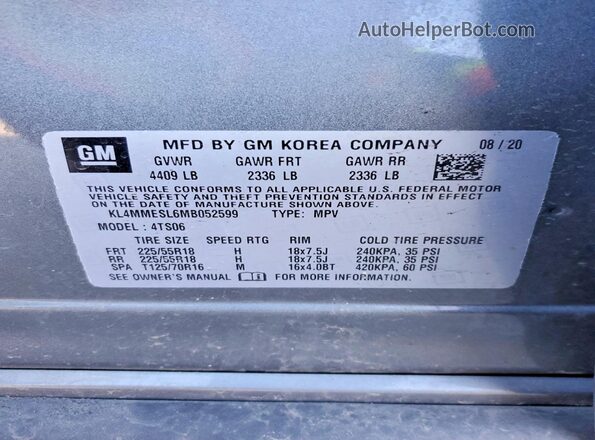 KL4MMESL6MB052599 2021 BUICK ENCORE Gray VIN sticker view