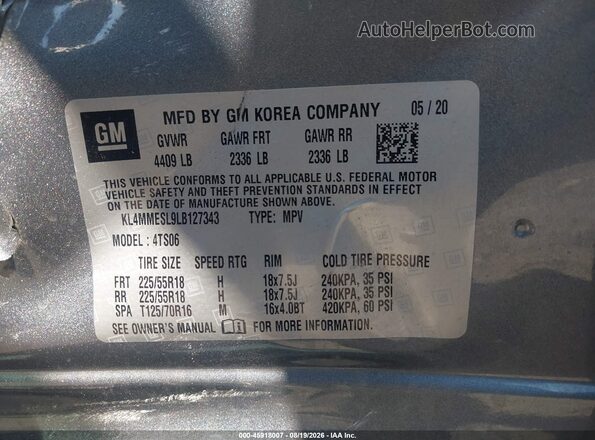 KL4MMESL9LB127343 2020 BUICK ENCORE Gray Շարժիչի բաժամունքի տեսք
